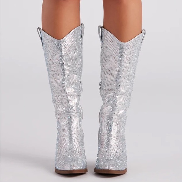 NEW Silver Knee High Western Style Bedazzled Cowboy Boots - Picture 7 of 15